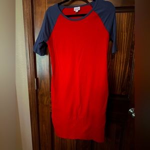 Large LuLaRoe Julia Red and Blue Dress